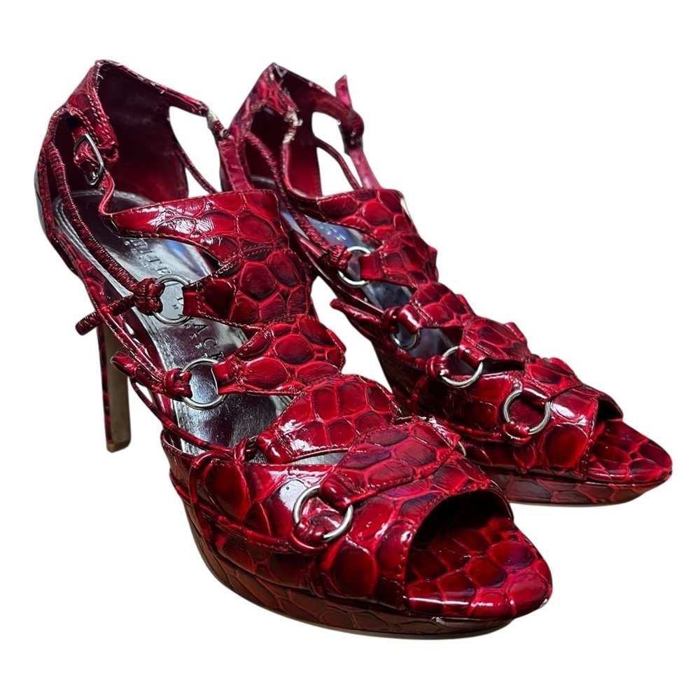 Vintage White House Black Market 7.5M Red Faux Crocodile Platform Sandals Heels